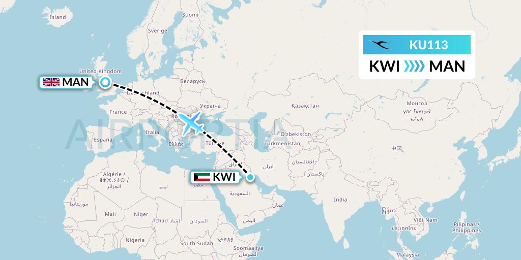 KU113 Kuwait Airways Flight Map: Kuwait City to Manchester