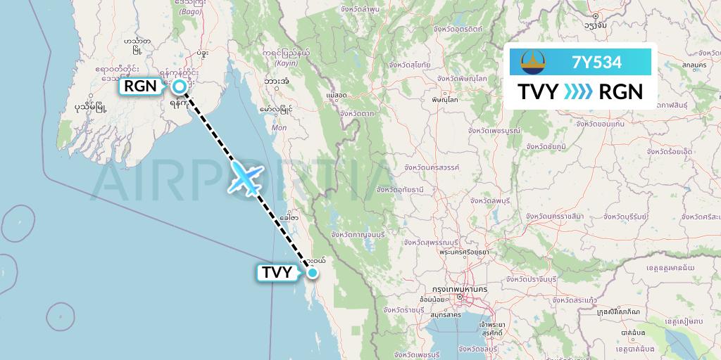 7Y534 Mann Yadanarpon Airlines Flight Map: Dawei to Yangon