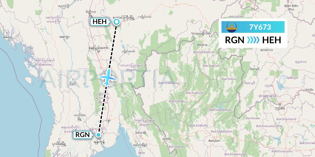 7Y673 Mann Yadanarpon Airlines Flight Map: Yangon to Heho