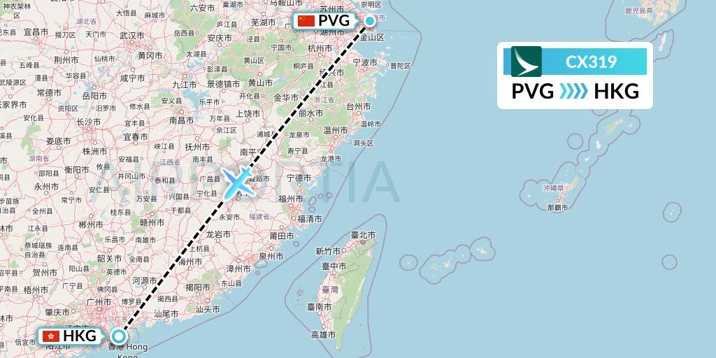 CX319 Cathay Pacific Flight Map: Shanghai to Hong Kong