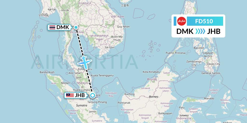 FD510 Thai AirAsia Flight Map: Bangkok to Johor Bahru