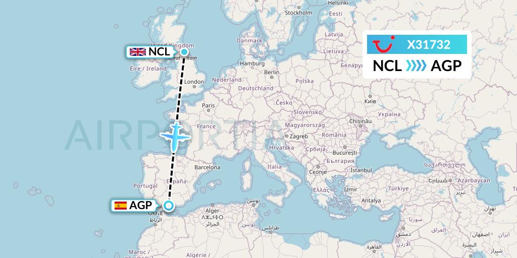 X31732 TUI fly Germany Flight Map: Newcastle to Malaga