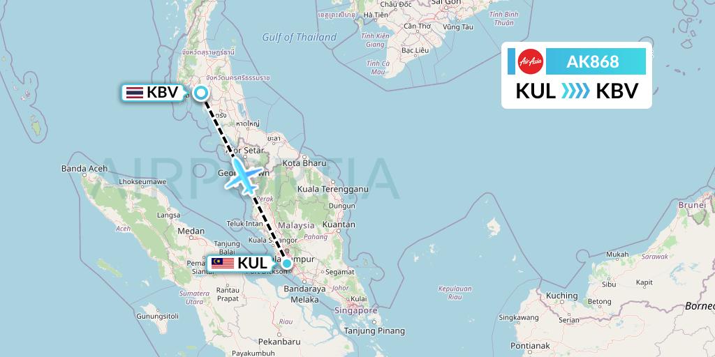 AK868 AirAsia Flight Map: Kuala Lumpur to Krabi