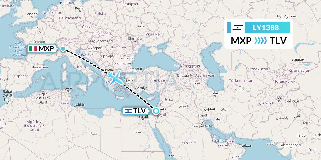 LY1388 El Al Flight Map: Milan to Tel Aviv