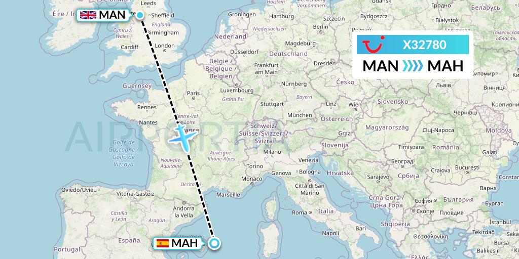 X32780 TUI fly Germany Flight Map: Manchester to Mahon