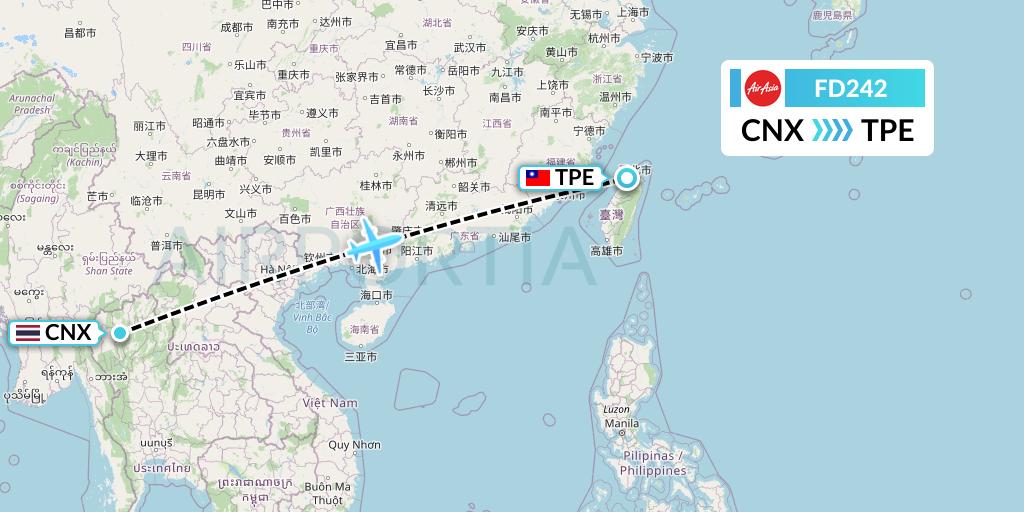 FD242 Thai AirAsia Flight Map: Chiang Mai to Taipei