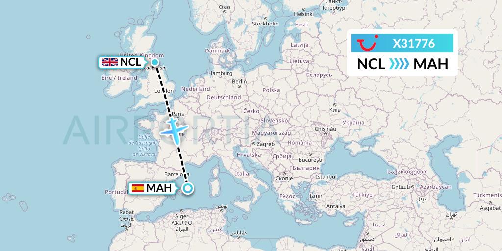 X31776 TUI fly Germany Flight Map: Newcastle to Mahon