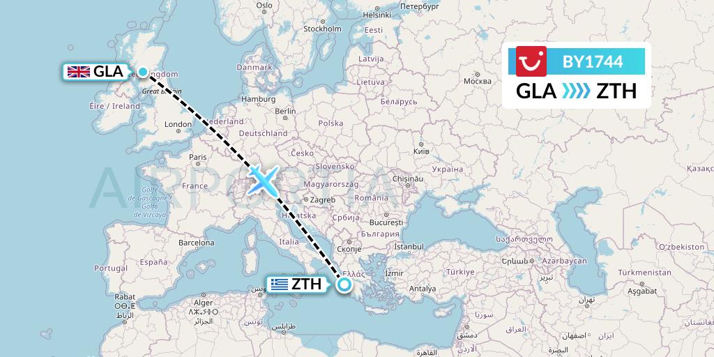 BY1744 TUI Airways Flight Map: Glasgow to Zakynthos