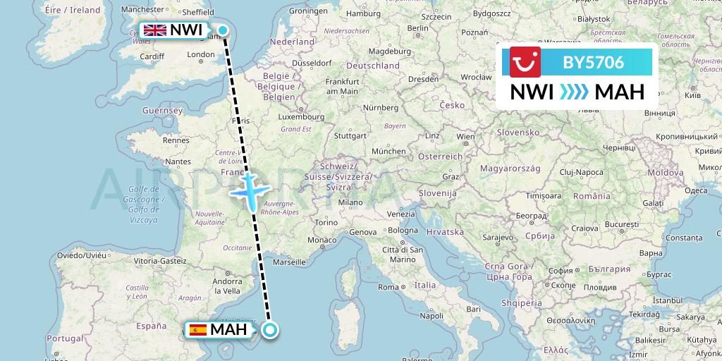 BY5706 TUI Airways Flight Map: Norwich to Mahon