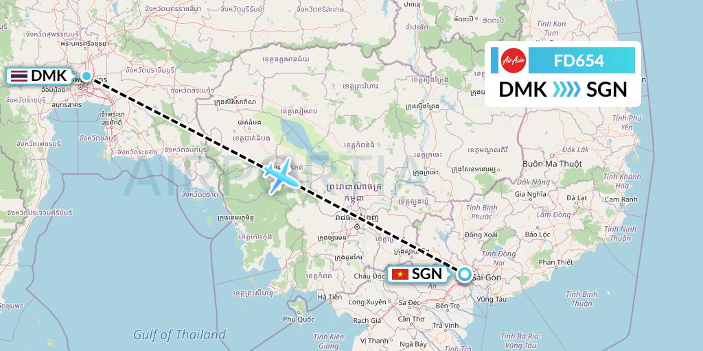 FD654 Thai AirAsia Flight Map: Bangkok to Ho Chi Minh City
