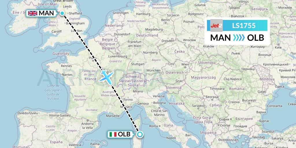 LS1755 Jet2 Flight Map: Manchester to Olbia