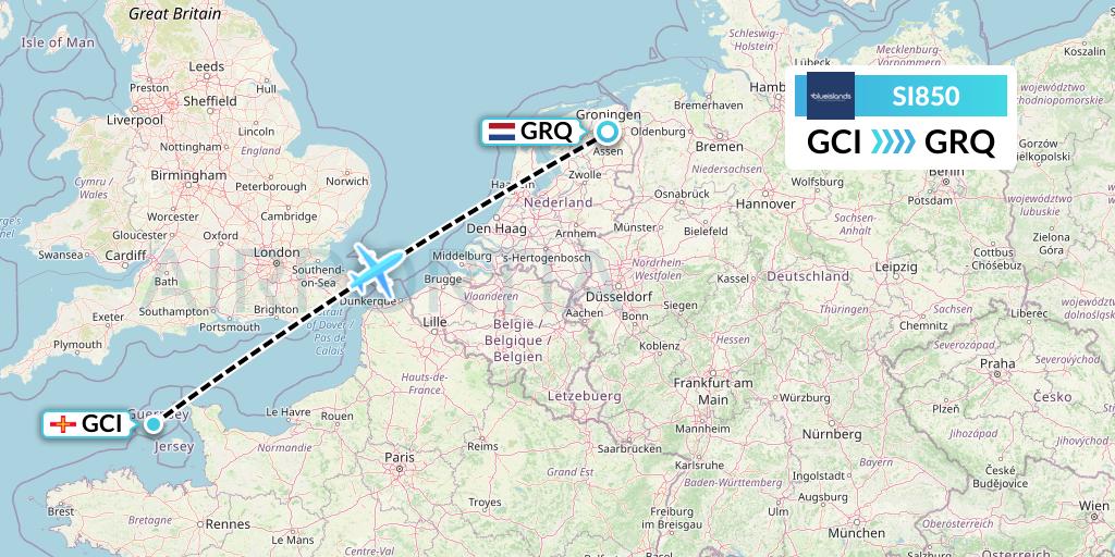 SI850 Blue Islands Flight Map: Guernsey to Groningen