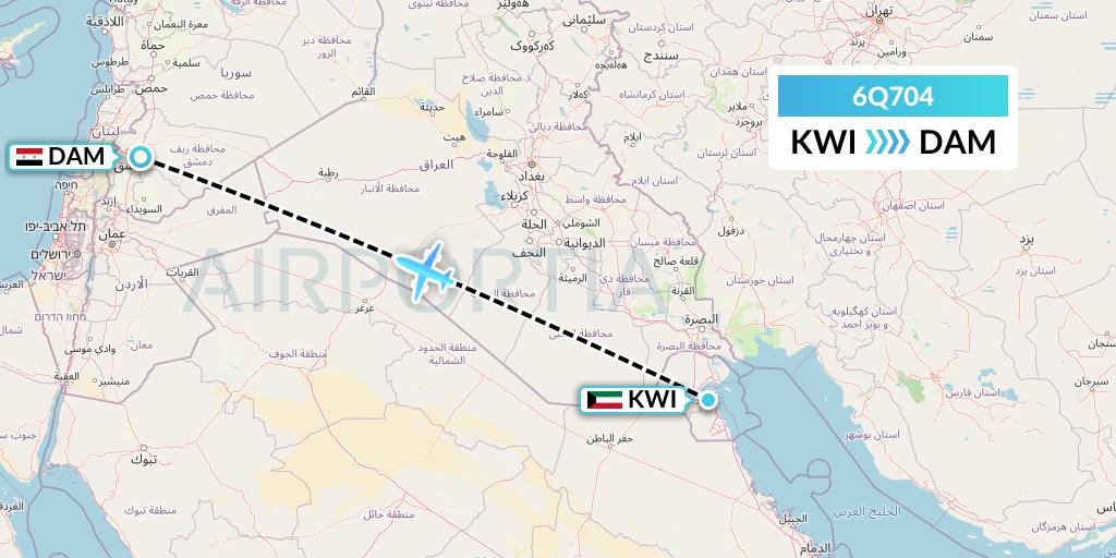 6Q704 Cham Wings Airlines Flight Map: Kuwait City to Damascus