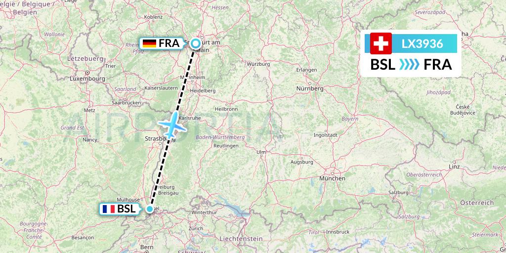 LX3936 Swiss Flight Map: Basel to Frankfurt