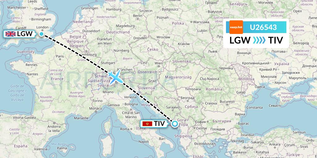U26543 EasyJet Flight Map: London to Tivat
