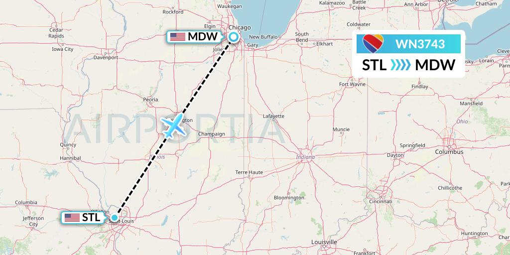 WN3743 Southwest Airlines Flight Map: St. Louis to Chicago
