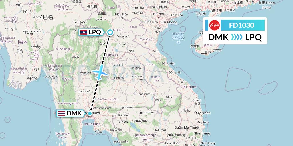 FD1030 Thai AirAsia Flight Map: Bangkok to Luang Prabang
