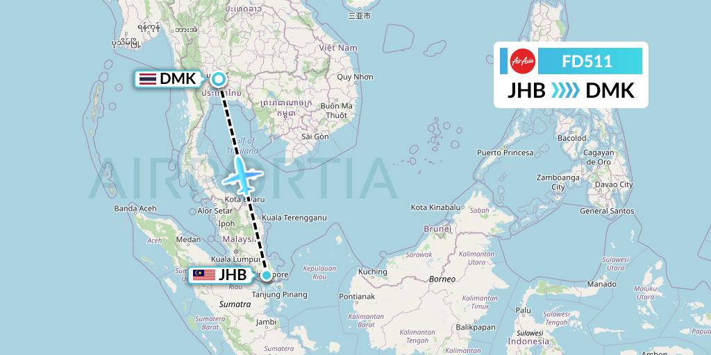 FD511 Thai AirAsia Flight Map: Johor Bahru to Bangkok