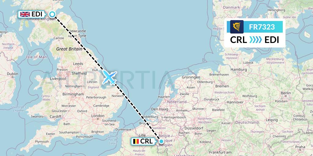 FR7323 Ryanair Flight Map: Brussels to Edinburgh