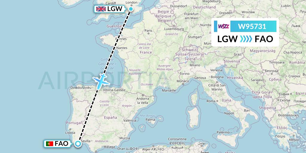 W95731 Wizz Air UK Flight Map: London to Faro