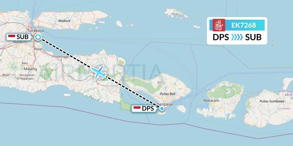 EK7268 Emirates Flight Map: Denpasar to Surabaya