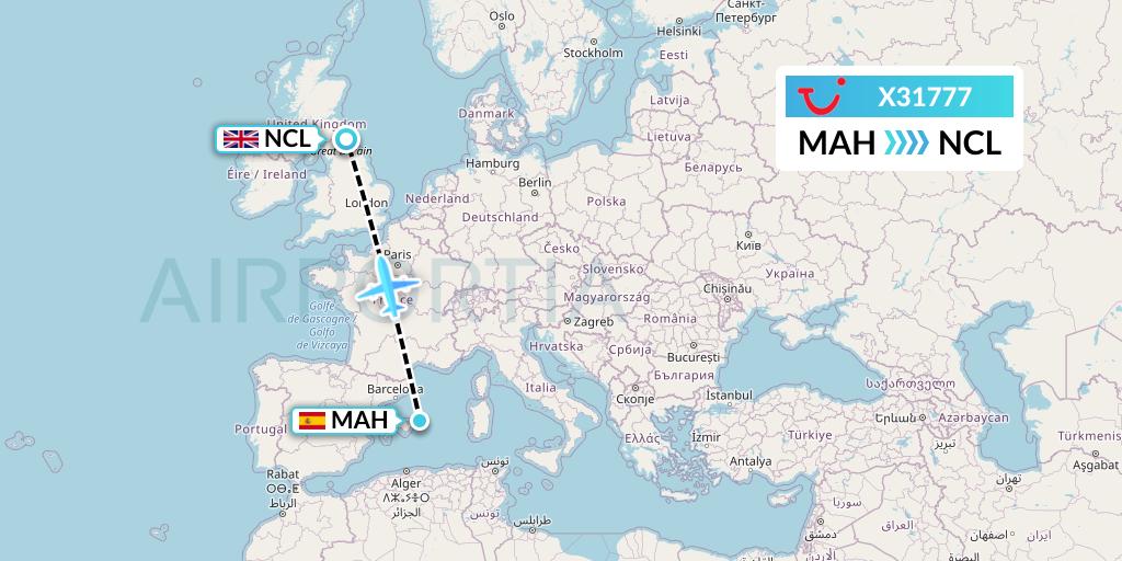 X31777 TUI fly Germany Flight Map: Mahon to Newcastle