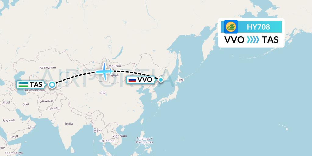 HY708 Uzbekistan Airways Flight Map: Vladivostok to Tashkent