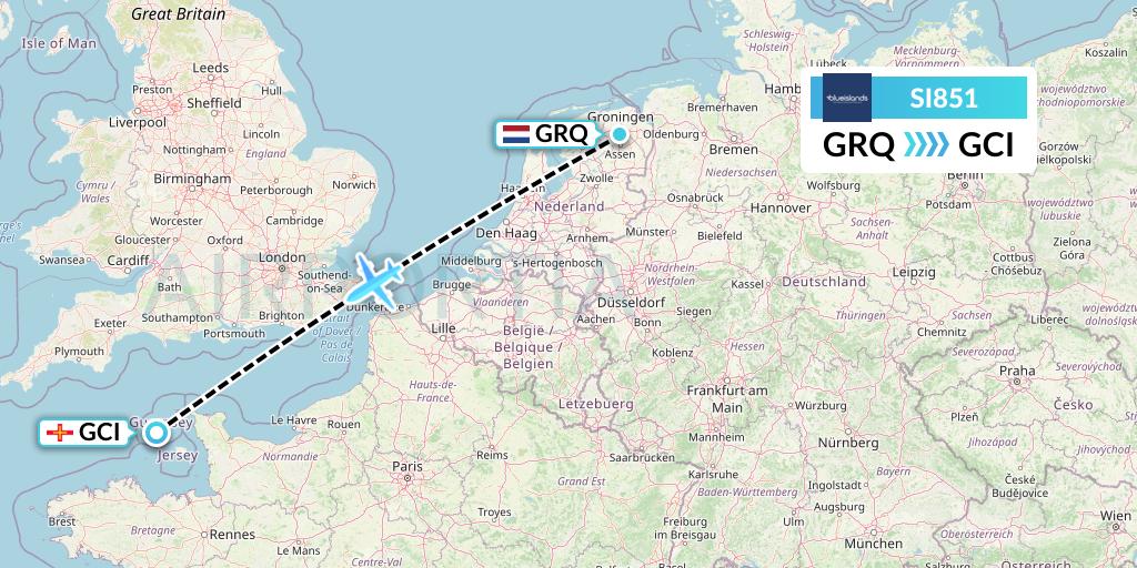 SI851 Blue Islands Flight Map: Groningen to Guernsey