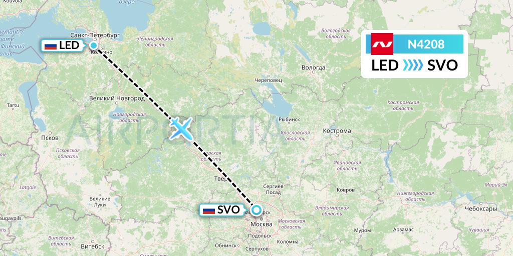 N4208 Nordwind Airlines Flight Map: St. Petersburg to Moscow