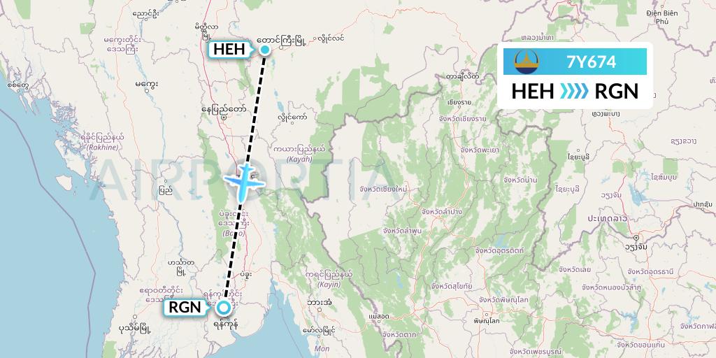7Y674 Mann Yadanarpon Airlines Flight Map: Heho to Yangon