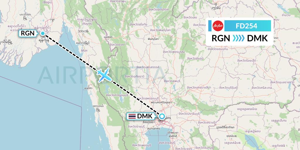 FD254 Thai AirAsia Flight Map: Yangon to Bangkok