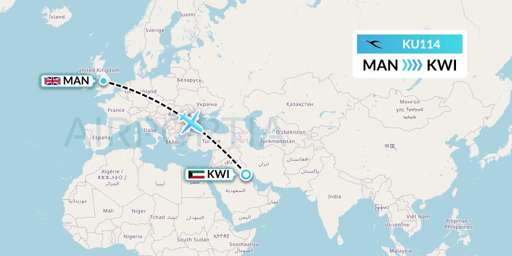 KU114 Kuwait Airways Flight Map: Manchester to Kuwait City