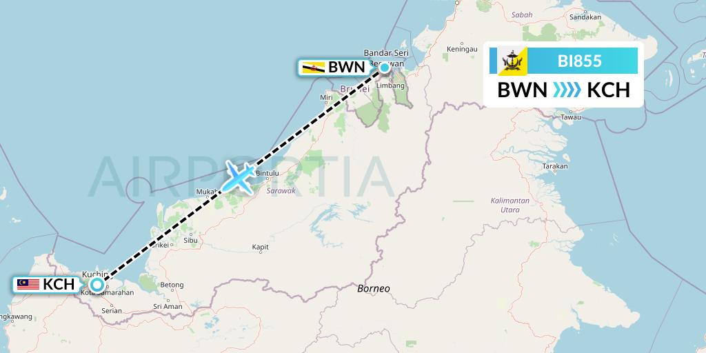 BI855 Royal Brunei Airlines Flight Map: Brunei to Kuching