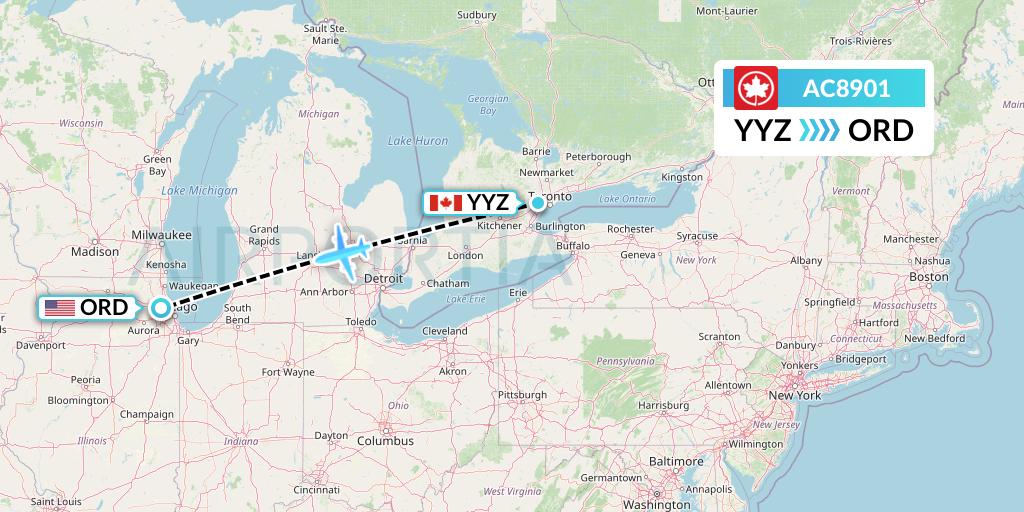 AC8901 Air Canada Flight Map: Toronto to Chicago