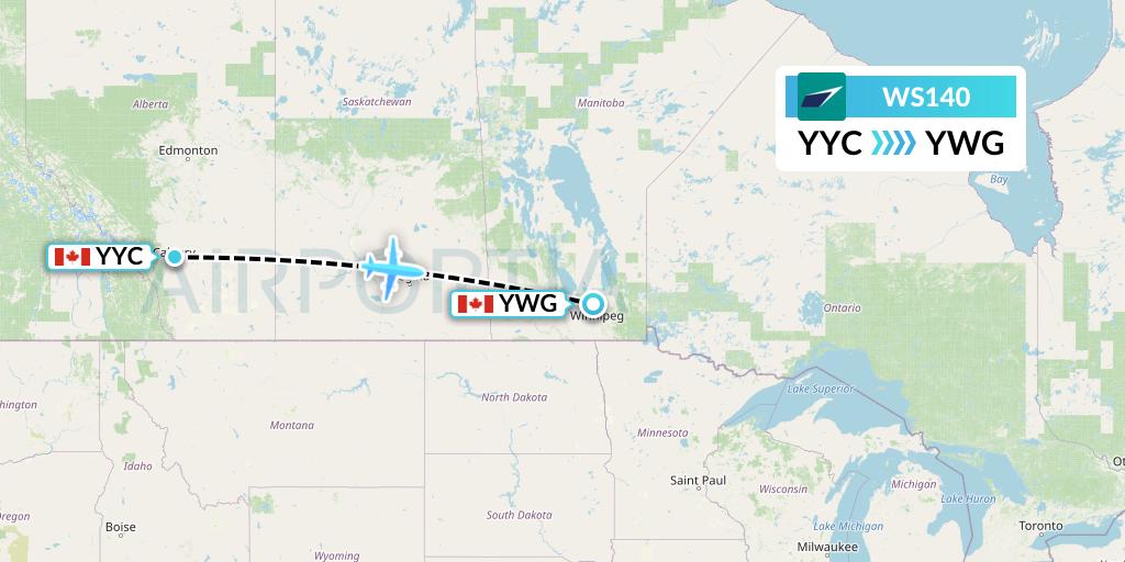 WS140 WestJet Flight Map: Calgary to Winnipeg