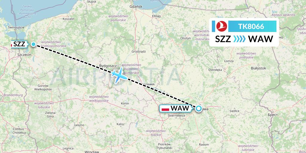 TK8066 Turkish Airlines Flight Map: Szczecin to Warsaw