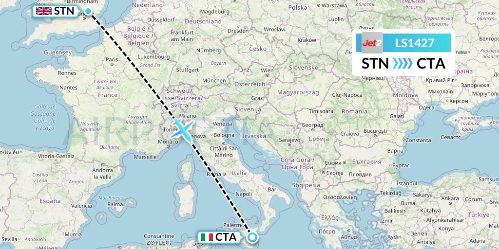 LS1427 Jet2 Flight Map: London to Catania