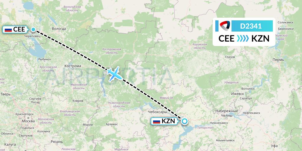 D2341 Severstal Aircompany Flight Map: Cherepovets to Kazan