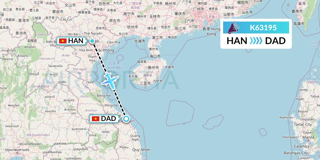 K63195 Cambodia Angkor Air Flight Map: Hanoi to Da Nang
