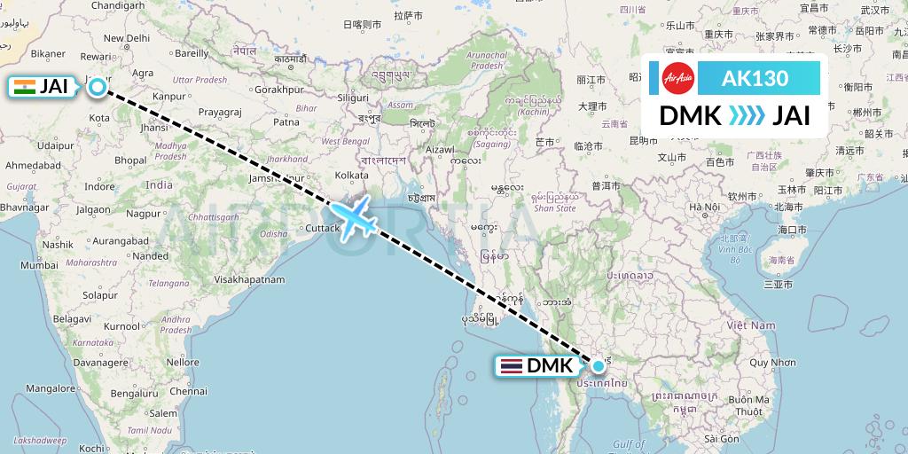 AK130 AirAsia Flight Map: Bangkok to Jaipur