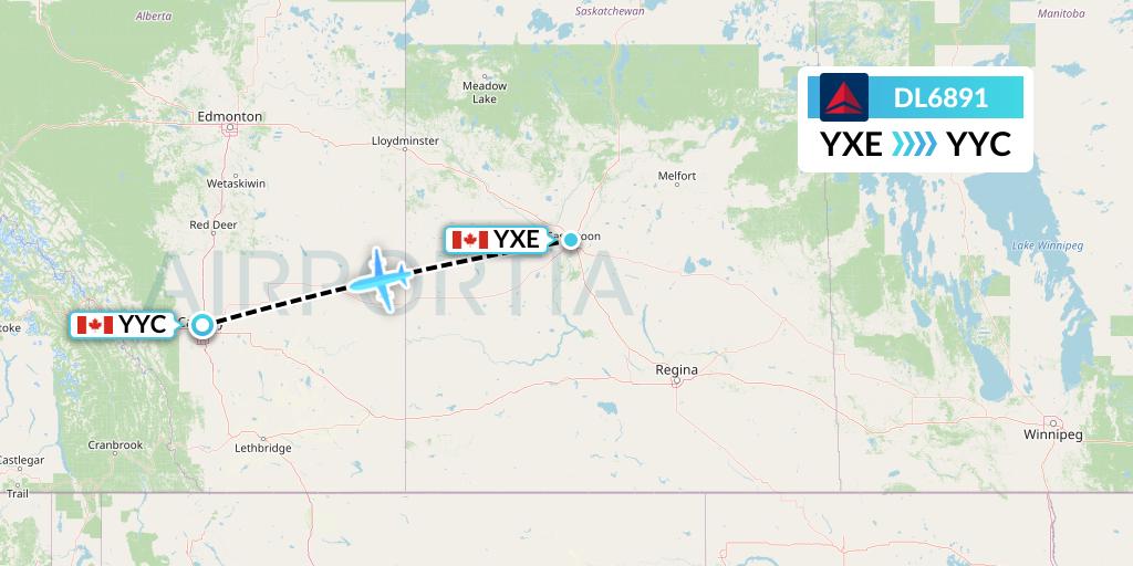 DL6891 Delta Air Lines Flight Map: Saskatoon to Calgary