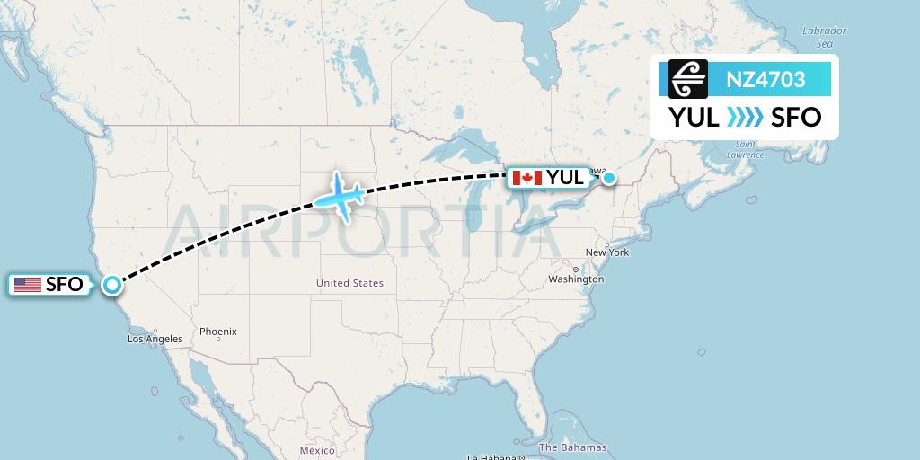 NZ4703 Air New Zealand Flight Map: Montreal to San Francisco