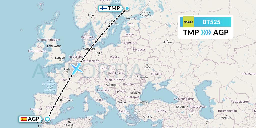 BT525 Air Baltic Flight Map: Tampere to Malaga