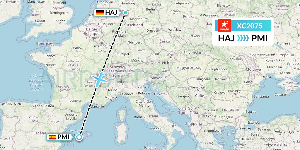 XC2075 Corendon Airlines Flight Map: Hannover to Palma de Mallorca