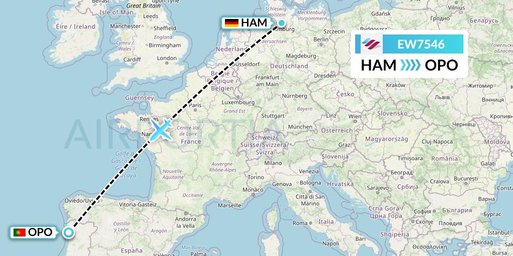 EW7546 Eurowings Flight Map: Hamburg to Porto