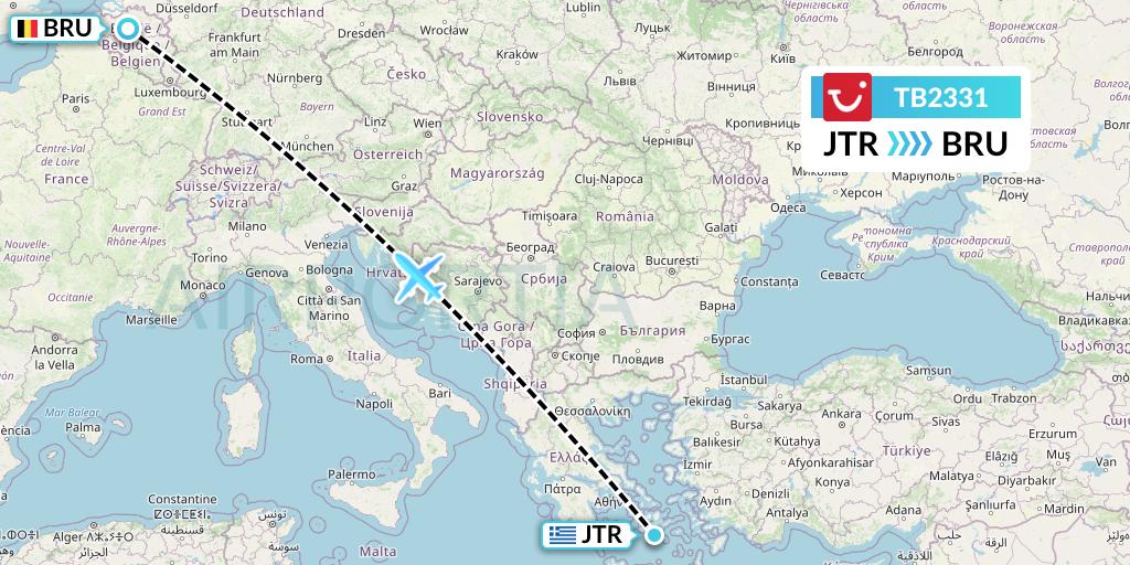 TB2331 TUI fly Belgium Flight Map: Santorini to Brussels