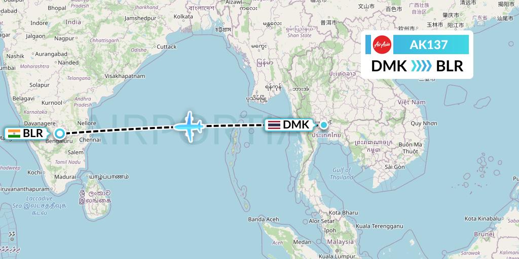 AK137 AirAsia Flight Map: Bangkok to Bangalore