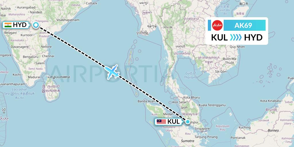 AK69 AirAsia Flight Map: Kuala Lumpur to Hyderabad
