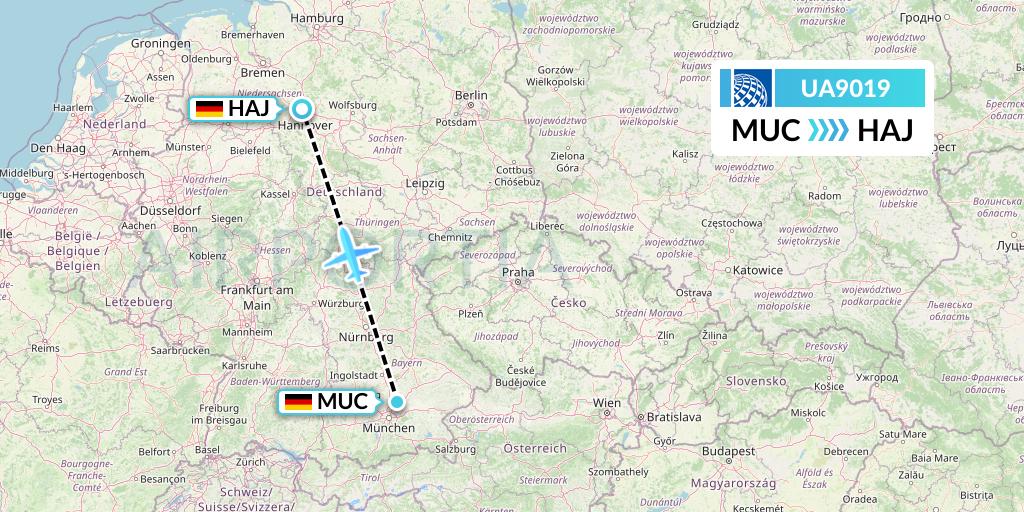 UA9019 United Airlines Flight Map: Munich to Hannover