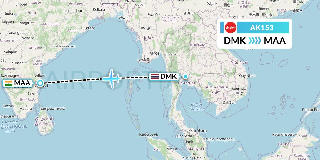 AK153 AirAsia Flight Map: Bangkok to Chennai
